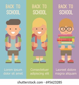 Three vertical banners with schoolchildren with backpacks. Back to school