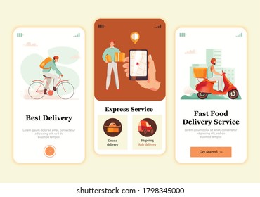 Three vertical banners set with fast food delivery couriers flat isolated vector illustration