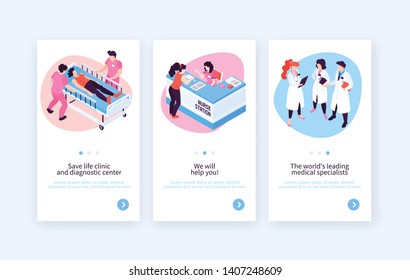 Three vertical banners set with hospital images of medical specialist and receptionist characters with editable text vector illustration