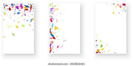 Three vertical banners showcasing a cascade of colorful confetti, with density varying from left to right, on a clean white background suitable for vertical layouts and mobile displays.