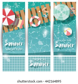 Three vertical banners with swimming pool, top view, tropical summer time holiday vacation, vector illustration