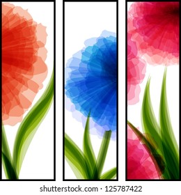 Three vertical banners with transparent flowers