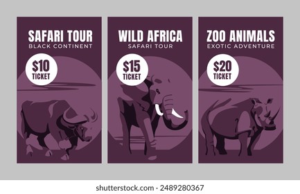 Three vertical banners with wild African animal. Dark purple. Vector flat illustration. Zoo and tourism