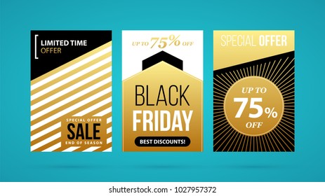 Three vertical Black Friday banners/posters in golden style on turquoise background