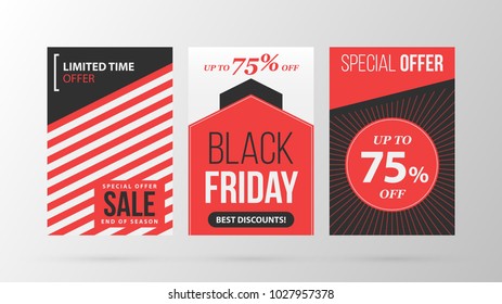 Three vertical Black Friday banners/posters in retro black and red style on gray background