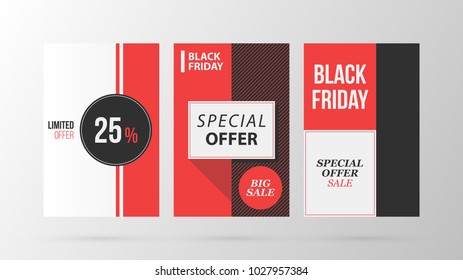 Three vertical Black Friday banners/posters in retro black and red style on gray background