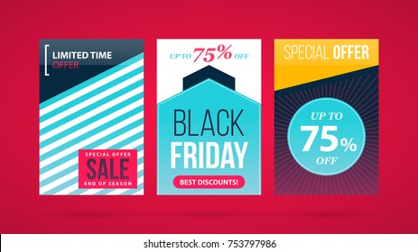 Three vertical Black Friday banners/posters in modern flat style on vibrant red background