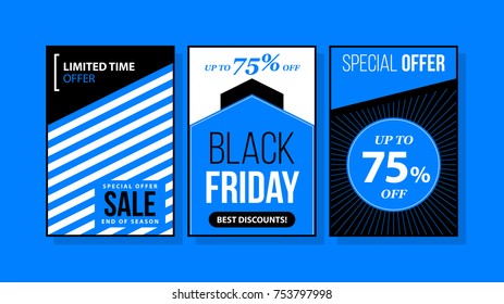 Three vertical Black Friday banners/posters in black and blue style on bright background