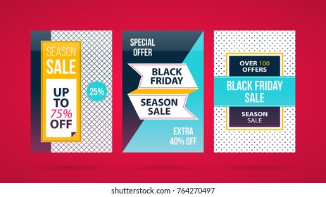Three vertical Black Friday banners/posters in modern flat style on vibrant red background
