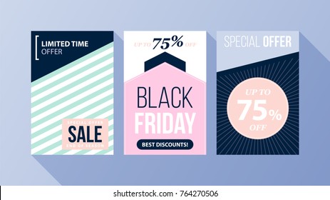 Three vertical Black Friday banners/posters with soft colors in flat style on blue background