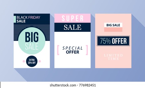 Three vertical Black Friday banners/posters with soft colors in flat style on blue background