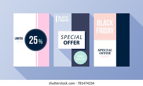 Three vertical Black Friday banners/posters with soft colors in flat style on blue background