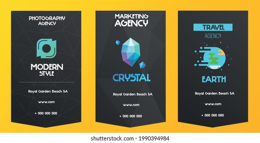 Tres tarjetas de visita verticales, diseñadas en diferentes estilos: viajes, marketing, fotografía.