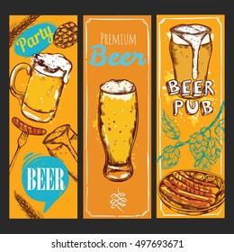 Three vertical colored and isolated beer banner set with party beer premium beer and beer pub descriptions vector illustration