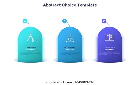 Drie verticale kleurrijke strepen of linten met lineaire pictogrammen en plaats voor tekst binnen. Concept van vergelijking van 3 zakelijke opties. Infographic design template. Vector illustratie voor presentatie.