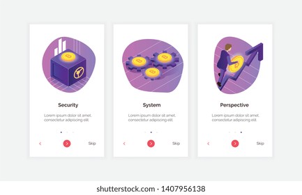 Three vertical cryptocurrency banners set with bitcoins storage safe and gear wheels 3d isometric isolated vector illustration