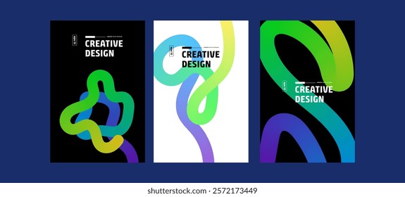 Three vertical design templates featuring vibrant, abstract gradient wave patterns. Each displays Creative Design text.