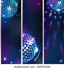 Three Vertical Disco Backgrounds. EPS 10. Masks are used.  Smartly grouped and layered.