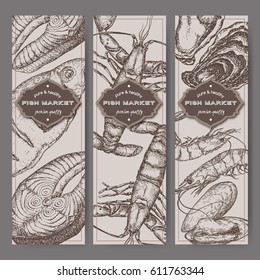 Three vertical fish market banners with grilled fish, lobster, seafood sketches. Great for markets, grocery stores, organic shops, food label design.