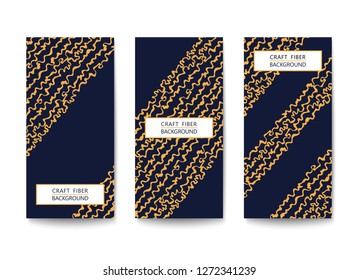 Three vertical flyers with a pattern of abstract yarns and fibers. Black and Gold design. Flat Vector template