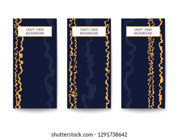 Three vertical flyers with a pattern of abstract yarns and fibers. Black and Gold design. Flat Vector template