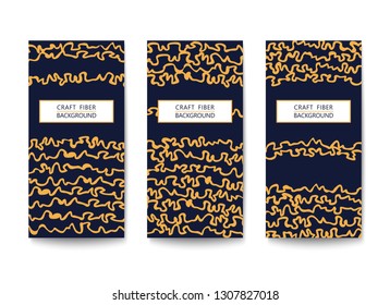 Three vertical flyers with a pattern of abstract yarns and fibers. Black and Gold design. Flat Vector template