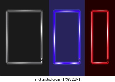 Three vertical frames of different widths glowing neon sign or LED strip light. Realistic vector illustration. Dark background.