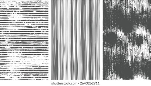 Three vertical grayscale stripe patterns with varying textures and line weights create an abstract background. Grunge style with a monochrome color scheme.