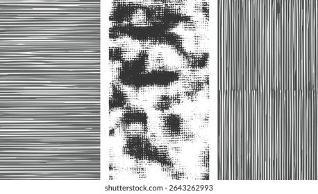 Três faixas texturizadas verticais em tons de cinza, variando em estilo e densidade de linha. Estética grunge com sensação desenhada à mão. Paleta monocromática.