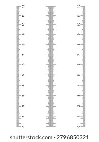 Three vertical measurement rulers with precise black scale increments for drafting and accurate layout.