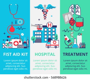 Three vertical medical banner in flat line style. First aid kit, Hospital and ambulance, Treatment. Can used for web banners and info graphic