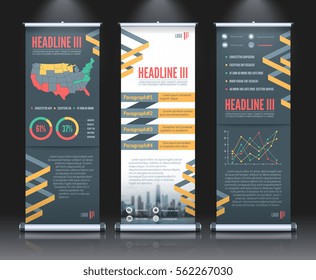 Three vertical modern rollup banner set template with ribbons and infographic elements vector illustration 