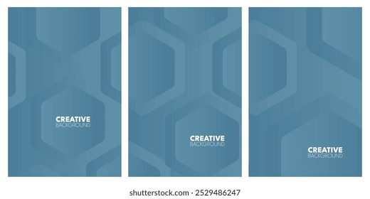 Three vertical, muted blue designs with repeating, geometric shapes.