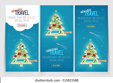 Three vertical New Year banners with Island in the form of a Christmas tree.