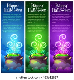 Three vertical orientation banners for Halloween. Vector template flayers in dark tones