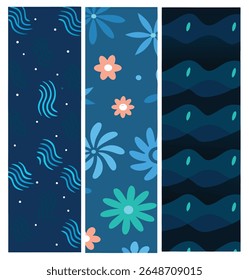 Three vertical panels with abstract floral and wavy patterns in deep blue and teal tones. Each strip showcases a different variation of the theme, with some flowers in contrasting warm colors.

