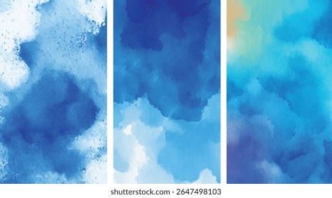 Three vertical panels of abstract watercolor textures in varying shades of blue teal and white. The style is soft and blended.
