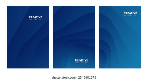 Three vertical panels of dark blue, with layered, wavy designs. 