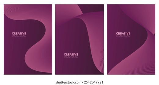 Tres paneles de Vertical de color púrpura profundo con Formas curvas que fluyen. El texto es visible.