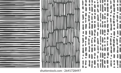 Three vertical panels display distinct abstract patterns: horizontal stripes, irregular vertical lines, and vertical dashes in black gray and white creating a textured effect
