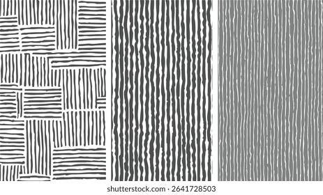 Three vertical panels display distinct abstract patterns featuring black gray and white hand drawn lines creating varied textures and stripe effects