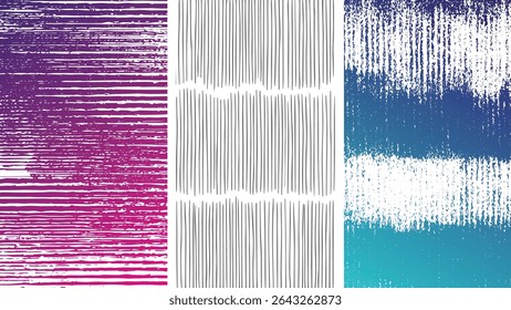 Trois panneaux de verticale affichent des bandes horizontales avec des textures déprimées. Les tons rose violet passent au gris et au sarcelle créant un effet de dégradé. Les taches blanches ajoutent une texture unique