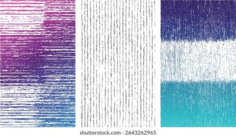Three vertical panels feature textured stripes in a gradient of pinkpurple gray and teal The textures are rough and slightly distressed creating a unique visual effect