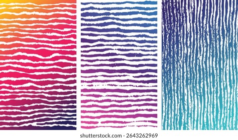 Tres paneles de Vertical presentan rayas blancas texturizadas sobre fondos degradados que van desde naranjas cálidas y rosas hasta azules y azules fríos.