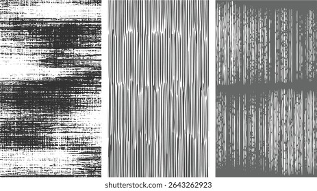 Three vertical panels featuring abstract gray and white textures with varying line patterns. Grunge style with a monochrome color scheme.