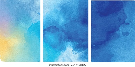 Three vertical panels featuring abstract watercolor textures in yellow gold blue and teal shades creating a gradient effect