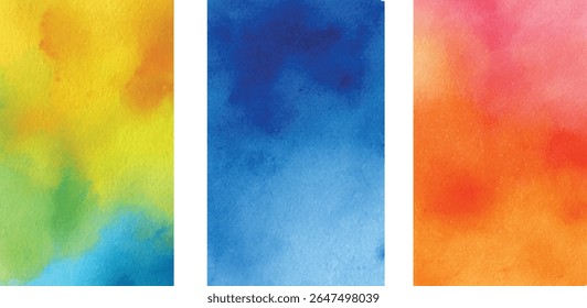 Tres paneles de Vertical con texturas de acuarela en Gradientes azul verdoso amarillo y rojo anaranjado. Las transiciones suaves de color crean un efecto abstracto.