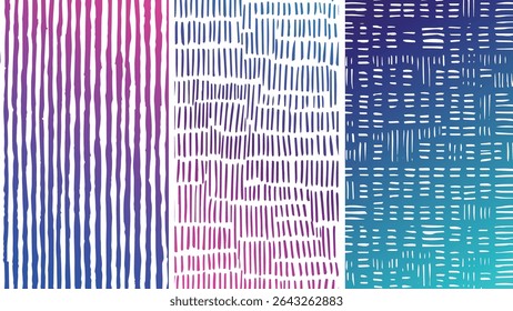 Tres paneles de Vertical con líneas blancas dibujadas a mano sobre un fondo degradado de colores rosa púrpura y verde azulado. Las líneas varían en longitud y espaciamiento.