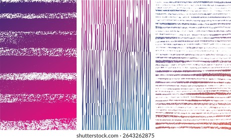 Tres paneles de Vertical con rayas Horizontales en púrpura rosa azul y Gradientes rojos líneas texturizadas crean un fondo abstracto vibrante