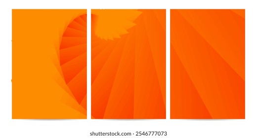 Tres paneles de Vertical de color naranja, que muestran patrones en espiral.